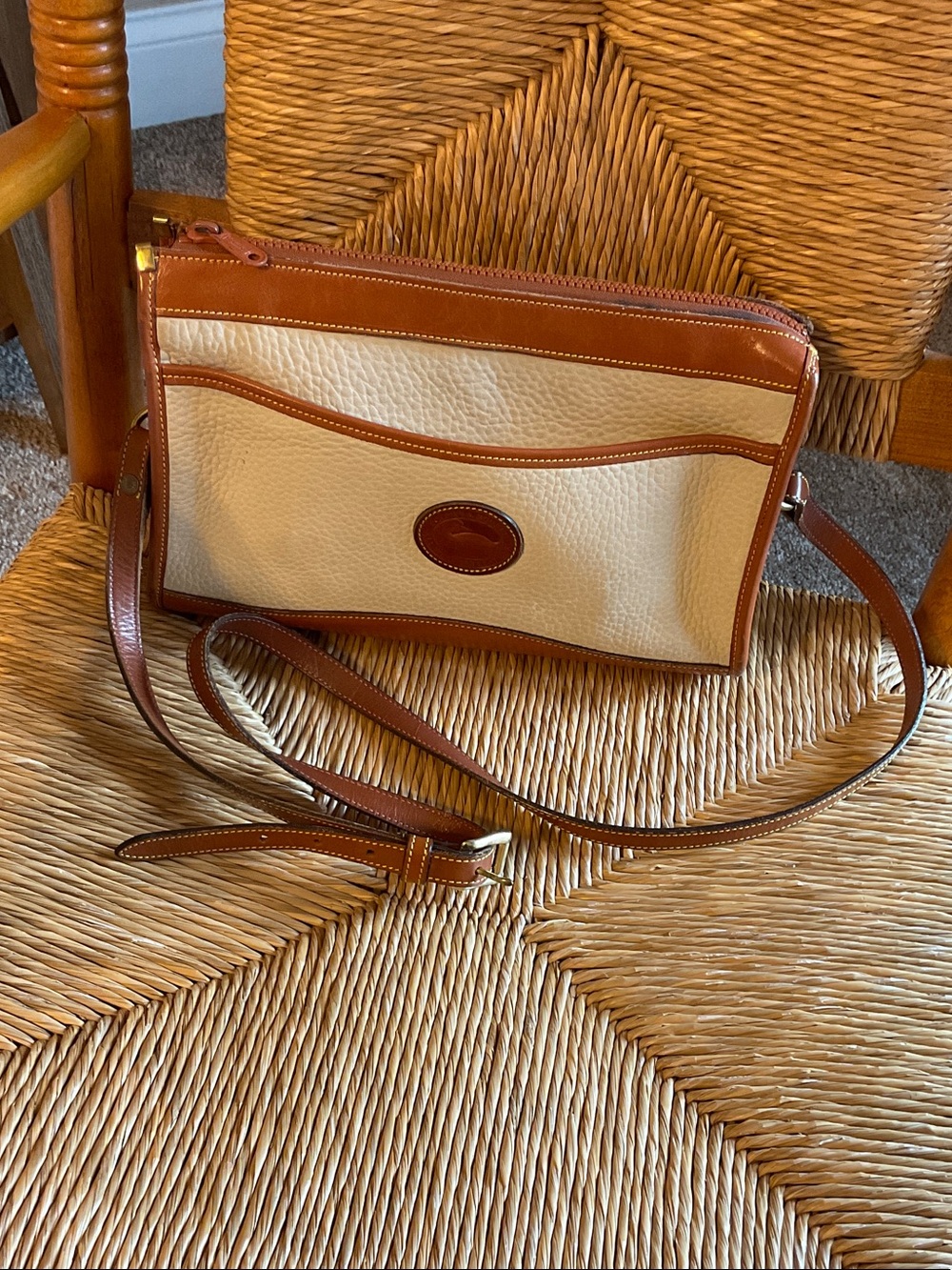 Dooney & Bourke Cream Canvas Crossbody with Brown Leather Trim